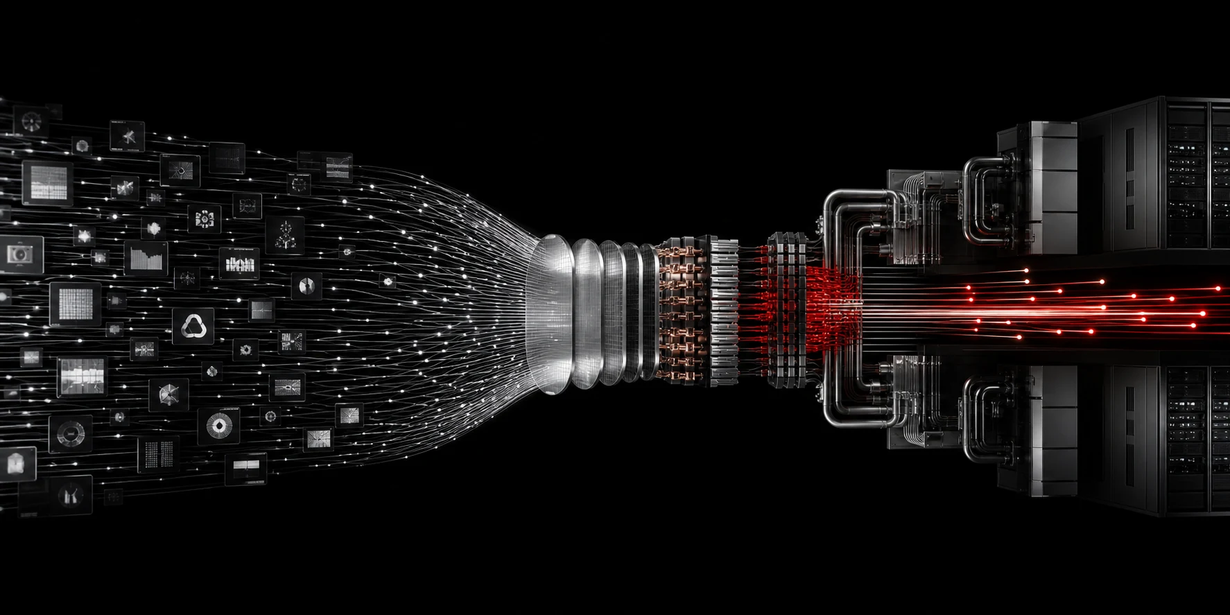 Broad streams of AI application demand converging through chips, networking, power, cooling, and data-center capacity before emerging as concentrated output.